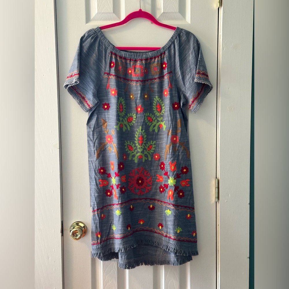 Embroidered Floral Off-Shoulder Mini Dress in Denim Blue